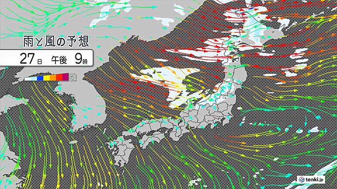 27日は冬のような天気分布 全国的に西よりの風が強まる 夜は朝より冷える