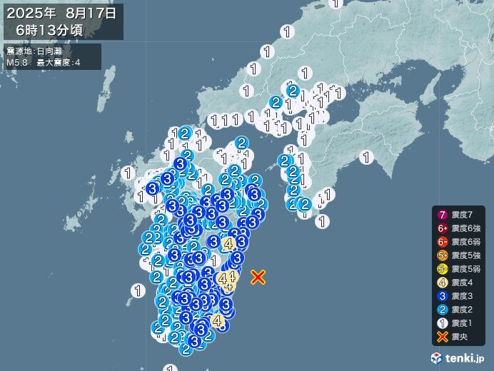 宮崎県で震度4の地震 津波の被害の心配なし