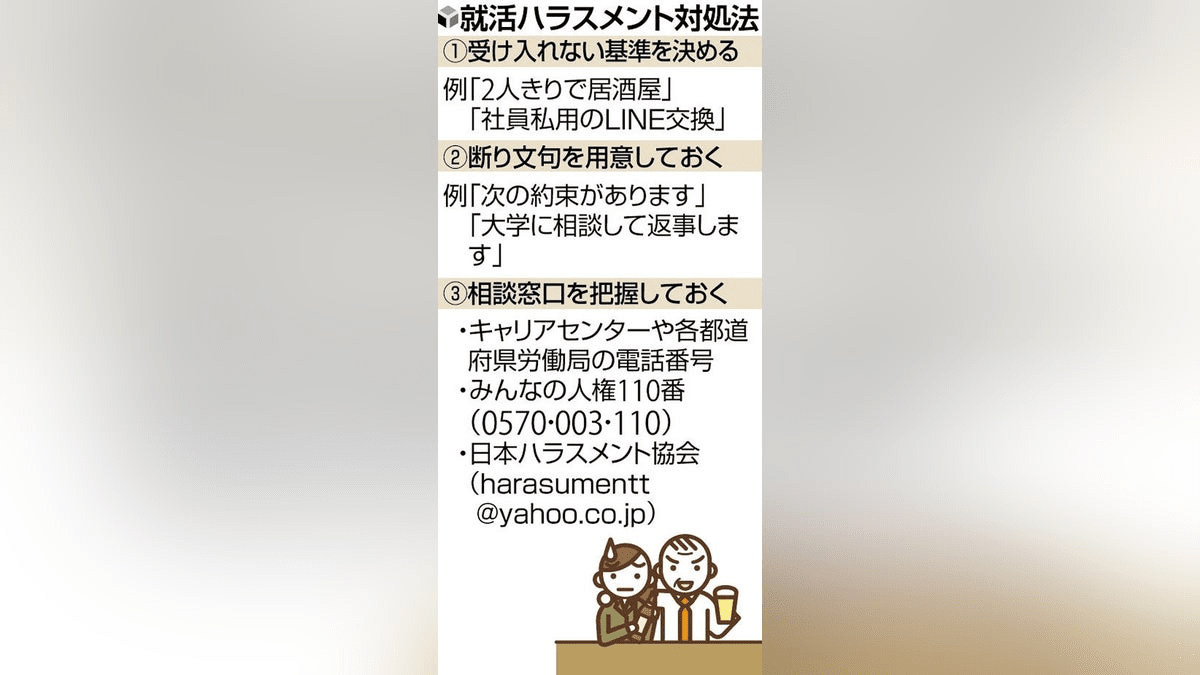 就活セクハラ相談深刻「ホテル連れ込まれそうに」「大量に酒を飲まされた」…社員と学生の接触増え