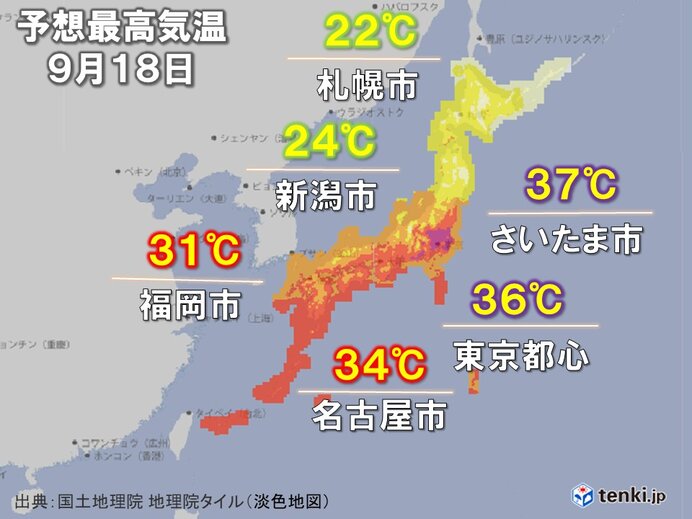 今日18日も関東で異例の残暑 東京都心は最も遅い猛暑日か 北海道～北陸は気温低下