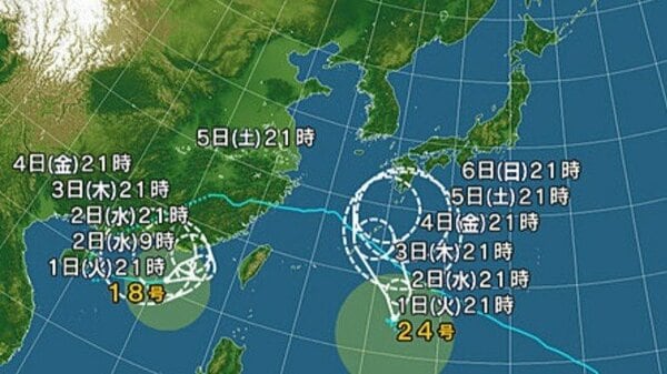 【台風情報】ダブル台風の進路予想は 台風18号は南シナ海を東北東へ 台風24号は日本の南でほとんど停滞、2日午後9時には、南大東島の南南東約190キロに達する予報