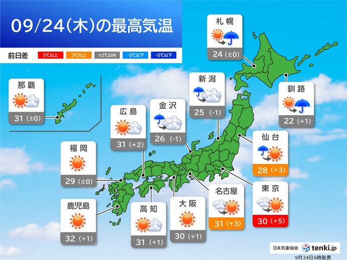 関東は日差しと暑さが復活 北海道は雷雨や激しい雨に注意 今日24日(木)の天気