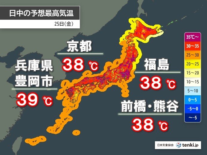 25日も北海道～九州で35℃以上の猛暑日続出 39℃予想も 熱中症に厳重な警戒を