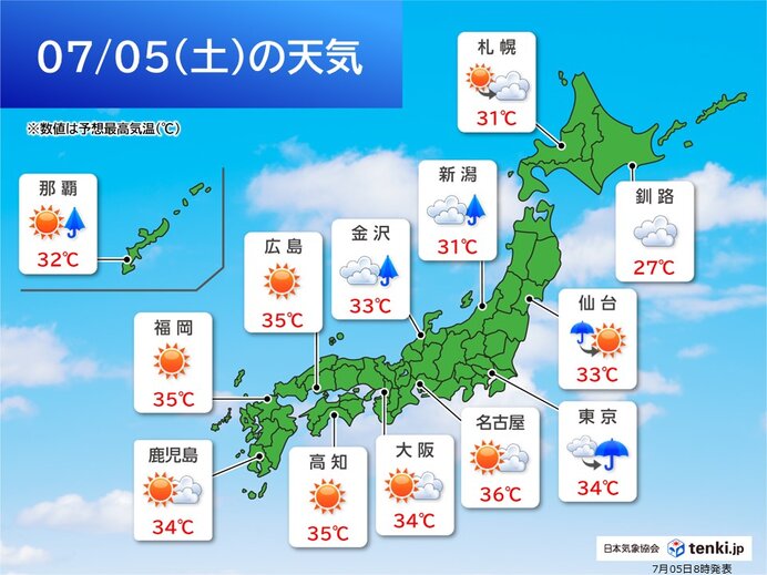 今日5日も広く夏空で猛暑 午後は関東甲信を中心に急な雷雨に注意