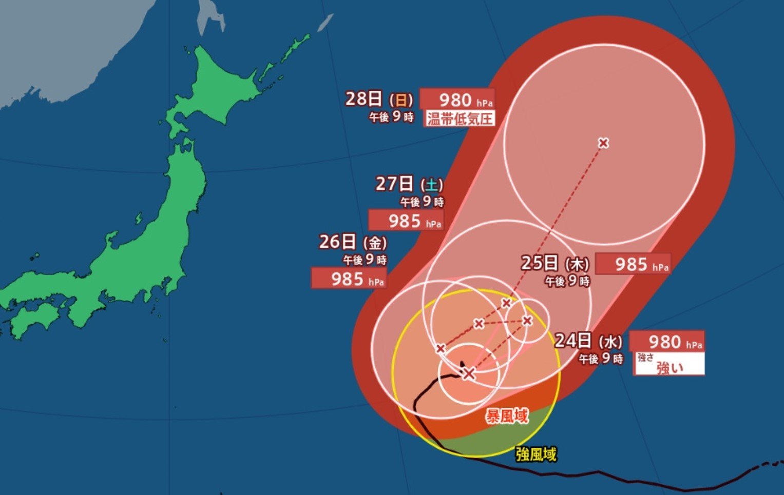 【台風情報】強い台風19号（ノグリー）勢力維持しながら複雑な進路…26日以降「西南西」から「東北東」ほぼ真逆の方向にUターンか?【雨と風のシミュレーション】（チューリップテレビ）