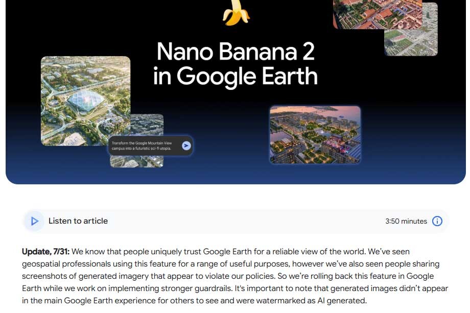 Google EarthのNano Banana画像生成、フェイク対策のため開始1日で停止
