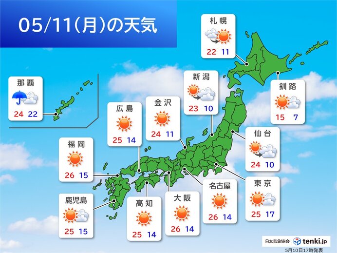 明日11日も汗ばむ陽気の所多いが、関東甲信はにわか雨に注意 沖縄は大雨のおそれ