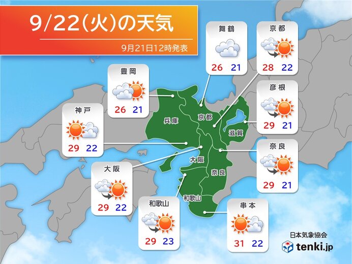 明日22日の近畿は台風一過でも北風注意 26日と27日の土日は雨で雨脚強まる所も