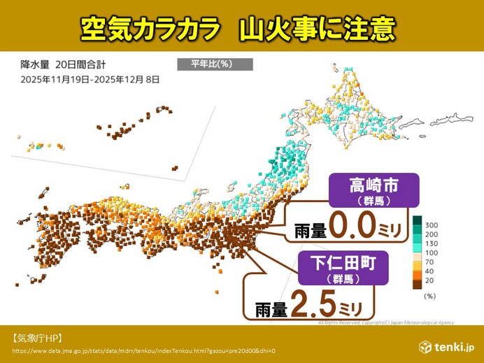 関東は空気カラカラ 群馬の山火事周辺は20日間の雨量0ミリ まとまった雨はいつ?