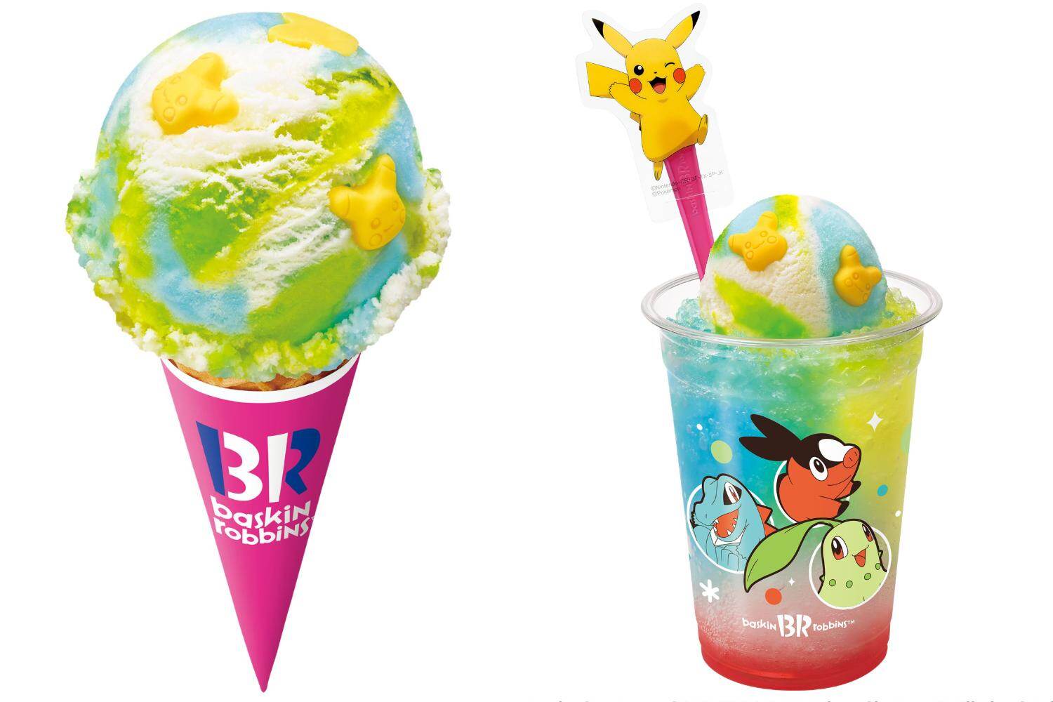 サーティワン×ポケモン、ソーダフロート風アイス「ピカチュウ トロピカソーダ」やパモのサンデーなど