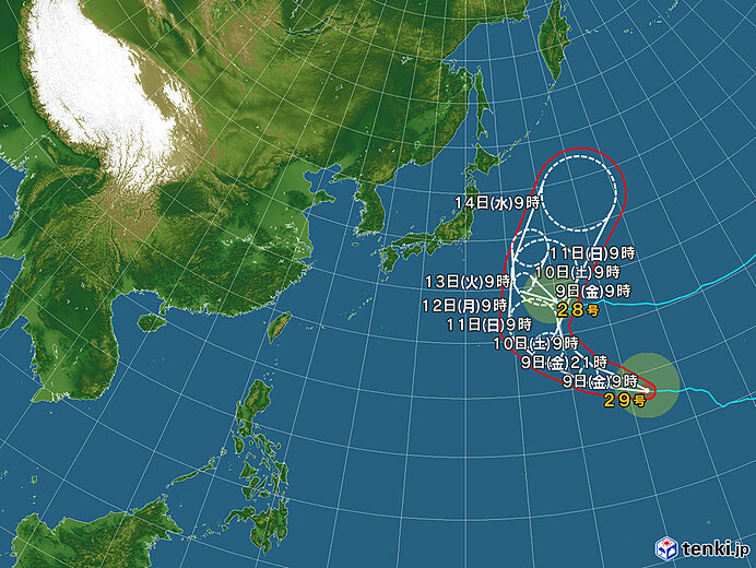 台風28号・29号が相次いで北上 29号は「非常に強い」勢力へ 小笠原諸島は警戒