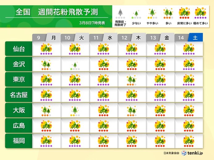 スギ花粉 明日9日も東京などで「極めて多い」 福岡は間もなくヒノキ花粉のシーズン