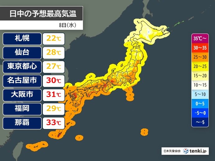 明日8日は東海から西で真夏日の所が多く 関東は午後に急な雨も 近づく台風にも警戒