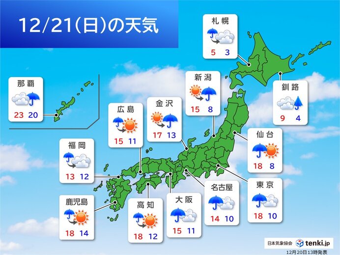明日21日(日)の全国の天気 近畿から関東、北陸は長い時間雨 北海道は融雪注意
