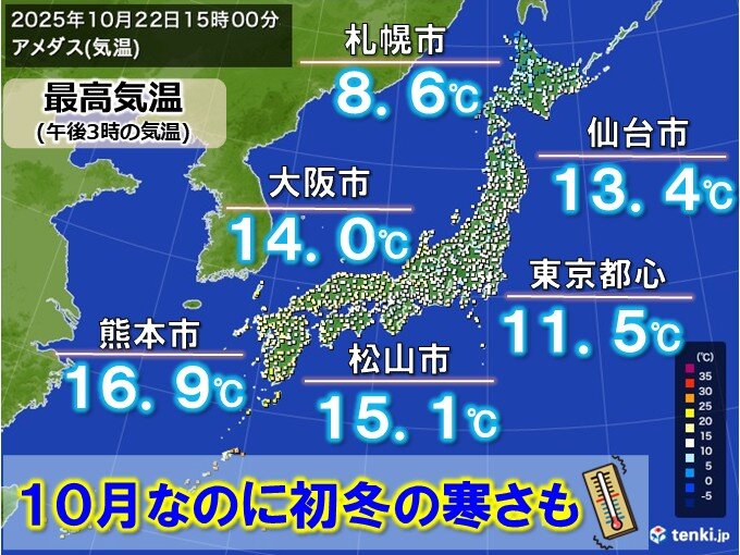 今日22日は関東など初冬の寒さ 明日23日「霜降」は朝は冷えるが日中は気温上昇