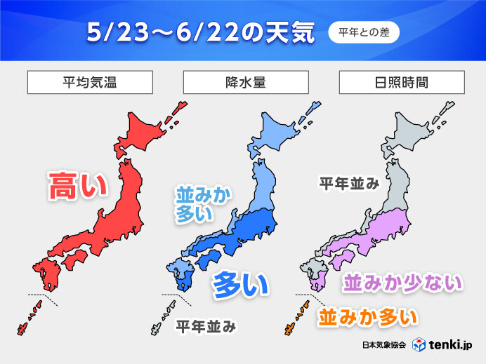全国的に気温は高く西～東日本の太平洋側で雨量が多い 大雨と熱中症注意 1か月予報
