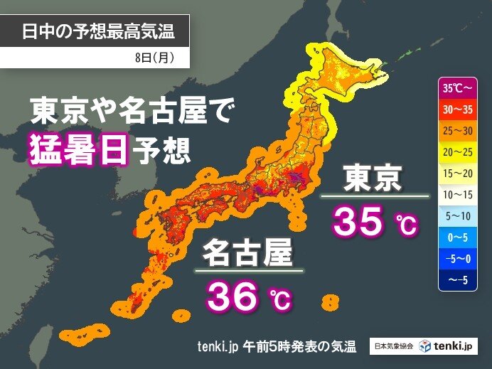 8日は東京や名古屋など5日ぶりに猛暑日復活 全国21都県に熱中症警戒アラート