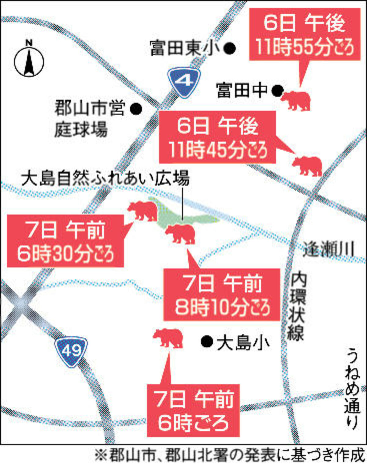 郡山市街地に熊 富田の逢瀬川沿い 周辺封鎖し警戒