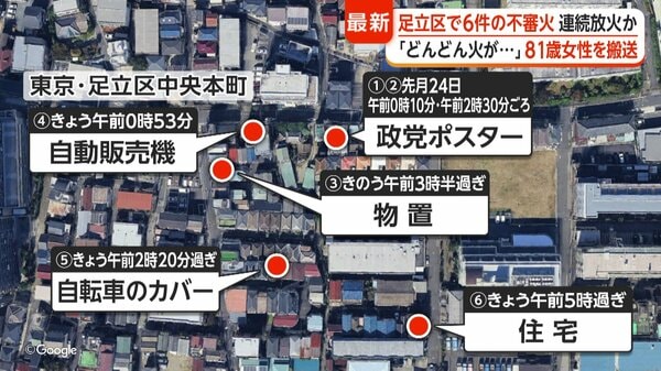 東京・足立区で6件の不審火 住宅に延焼し81歳女性搬送 政党ポスター燃え自販機焦げる 連続放火も視野に捜査