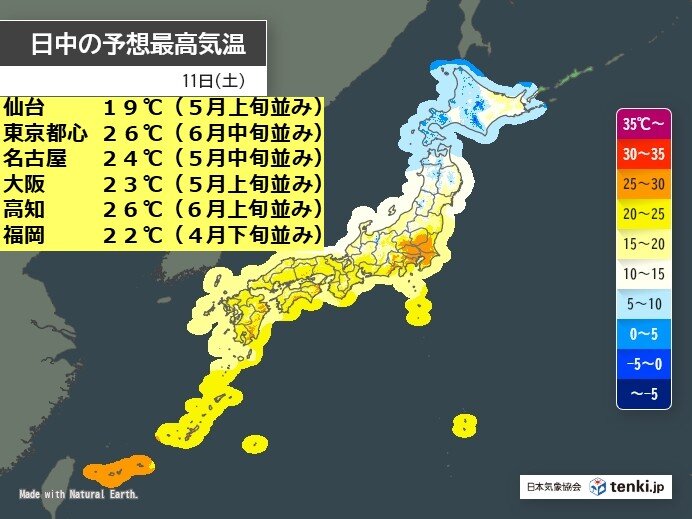 明日11日は100地点超で夏日に 都心も今年初の夏日予想 北日本は台風並みの暴風