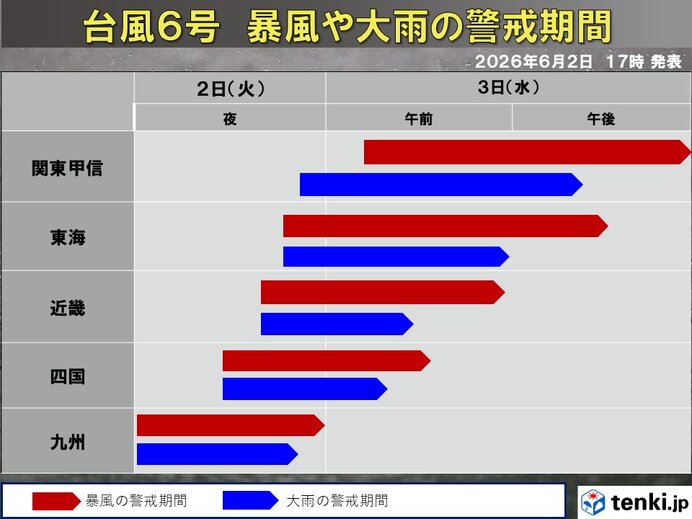 台風6号 2日夜は四国～近畿 明日3日朝は東海～関東を直撃 各地の警戒期間は